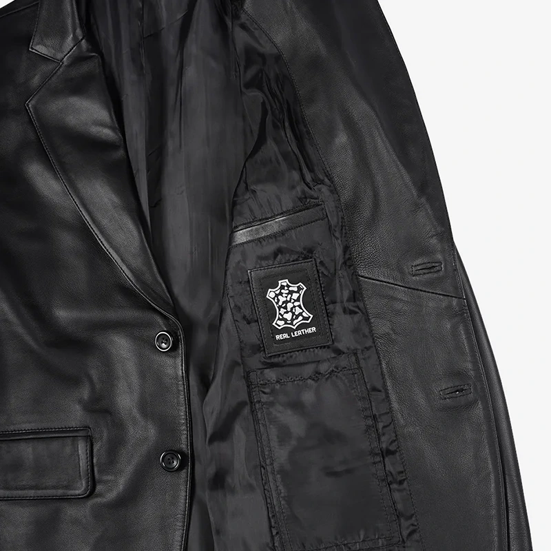 Men's Notch Lapel Two-Button Black Leather Blazer Jacket - Image 5