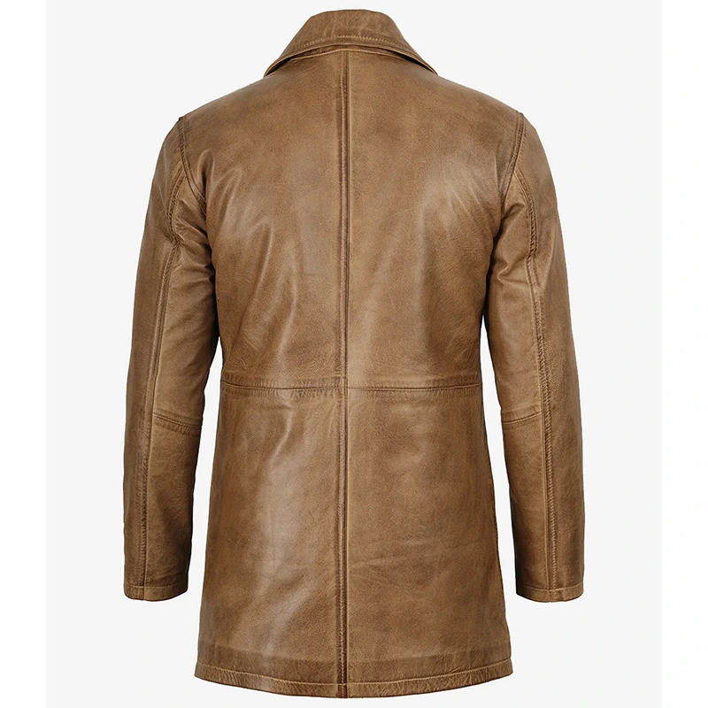 Men's Real Leather Camel Brown 3/4 Length Car Coat - Image 4
