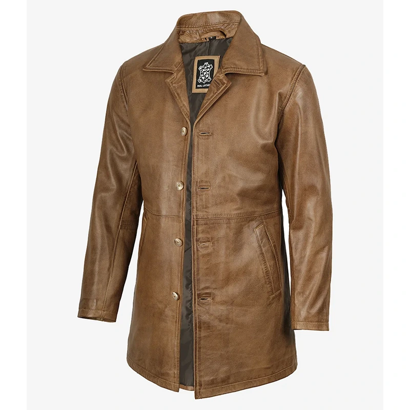 Men's Real Leather Camel Brown 3/4 Length Car Coat - Image 2