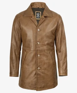 Men's Real Leather Camel Brown 3/4 Length Car Coat