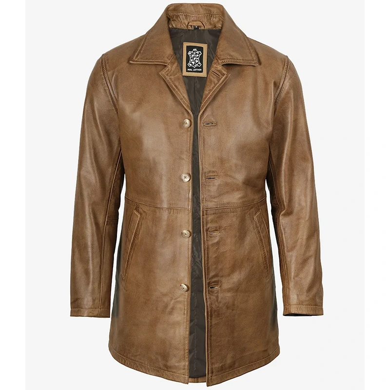 Men's Real Leather Camel Brown 3/4 Length Car Coat - Image 3