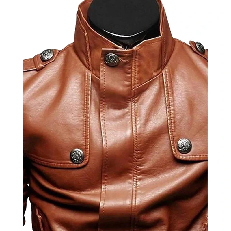 Men's Slim Fit Tan Button Front Brown Leather Jacket - Image 3