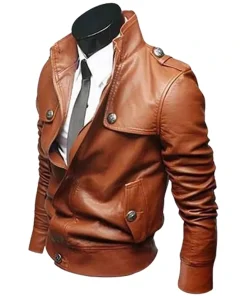 Men's Slim Fit Tan Button Front Brown Leather Jacket