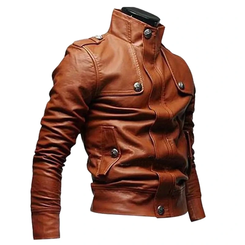 Men's Slim Fit Tan Button Front Brown Leather Jacket - Image 2