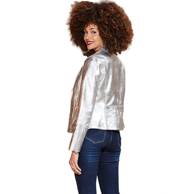 Silver Metallic Leather Biker Jacket - Image 5