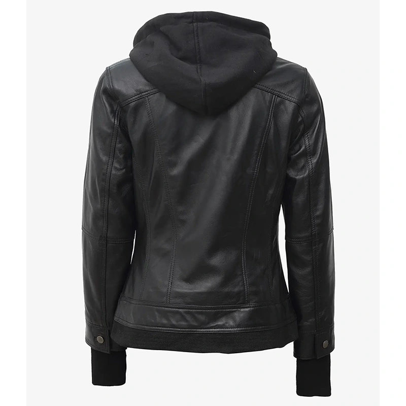 Tralee Black Bomber Women's Leather Jacket With Removable Hood - Image 4