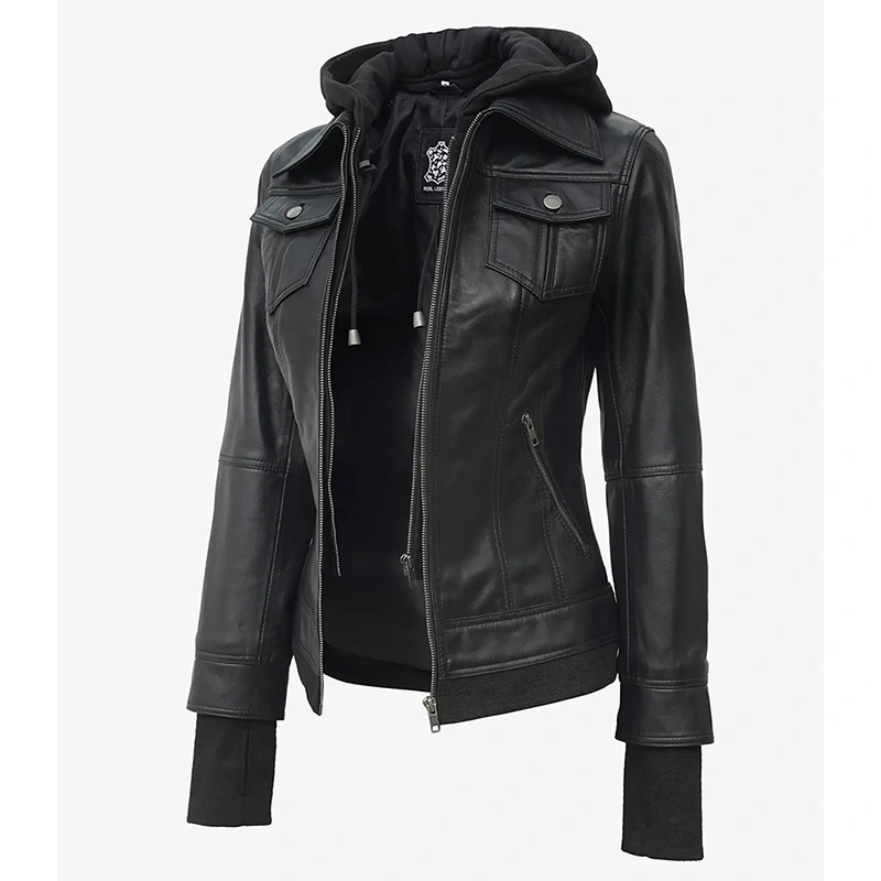 Tralee Black Bomber Women's Leather Jacket With Removable Hood - Image 2
