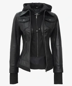 Tralee Black Bomber Women's Leather Jacket With Removable Hood