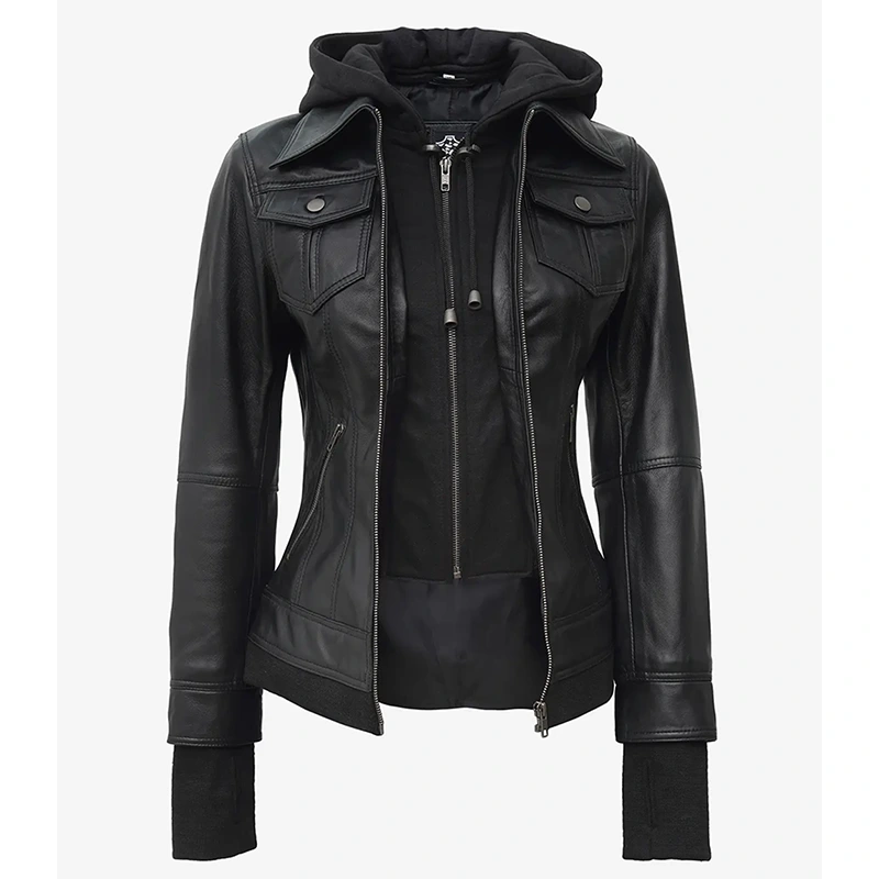 Tralee Black Bomber Women's Leather Jacket With Removable Hood