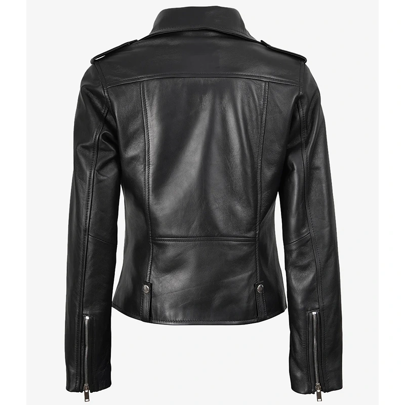 Women's Asymmetrical Black Real Leather Biker Jacket - Image 3