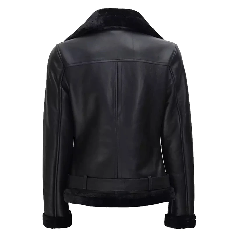 Women's Black Asymmetrical Shearling Leather Jacket - Image 4