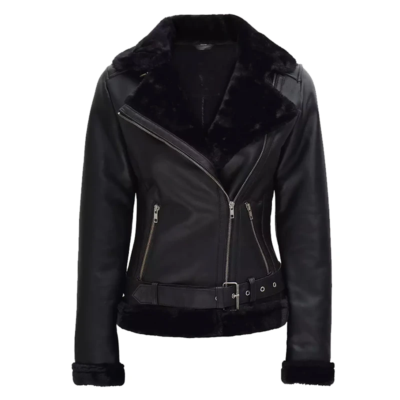 Women's Black Asymmetrical Shearling Leather Jacket