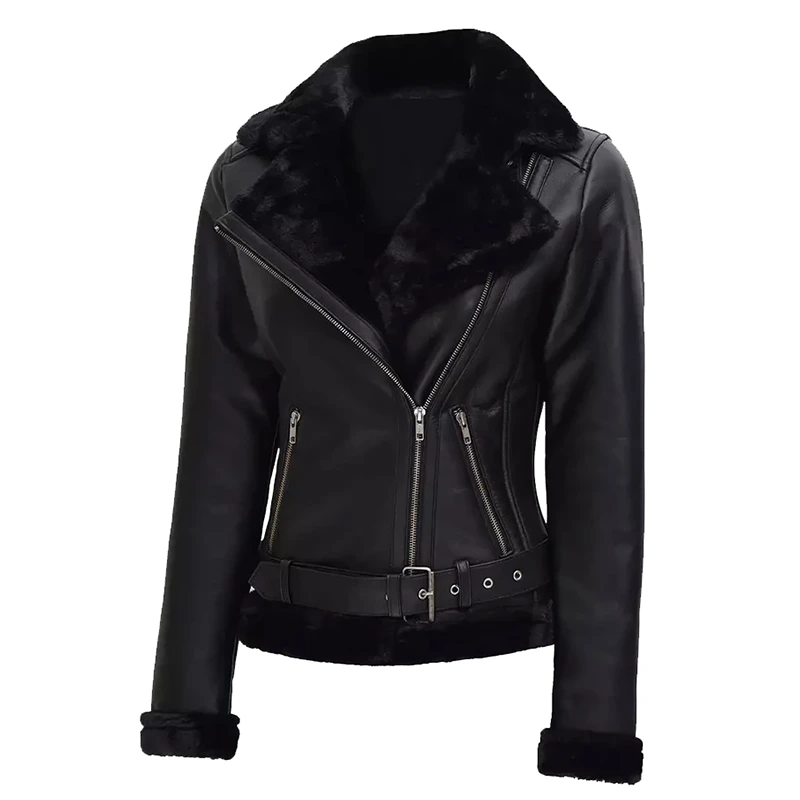 Women's Black Asymmetrical Shearling Leather Jacket - Image 2