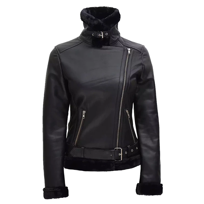 Women's Black Asymmetrical Shearling Leather Jacket - Image 3