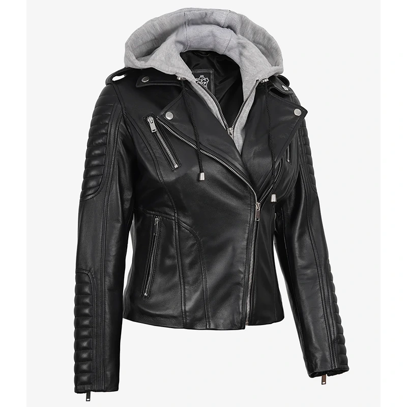 Women's Black Biker Style Real Leather Jacket - Image 5