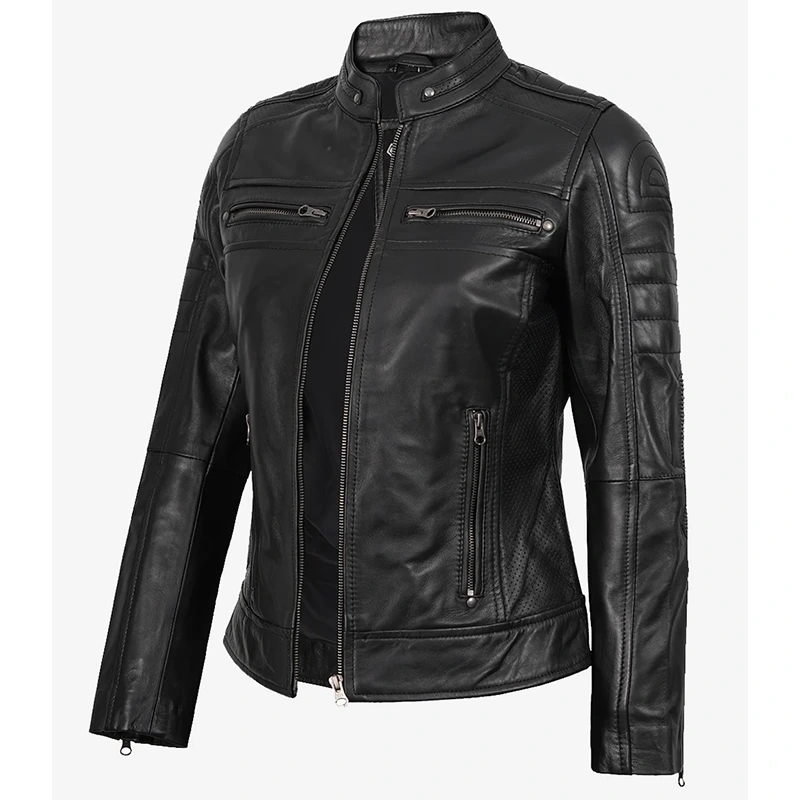Women's Black Cafe Racer Leather Jacket - Image 3