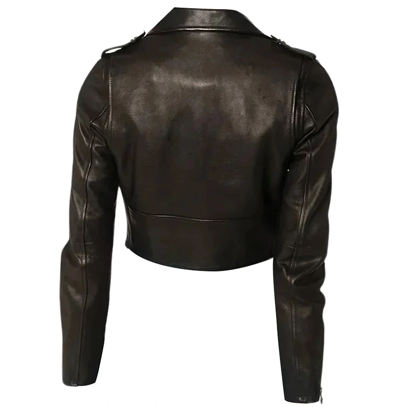 Women's Black Lambskin Biker Cropped Leather Jacket - Image 2