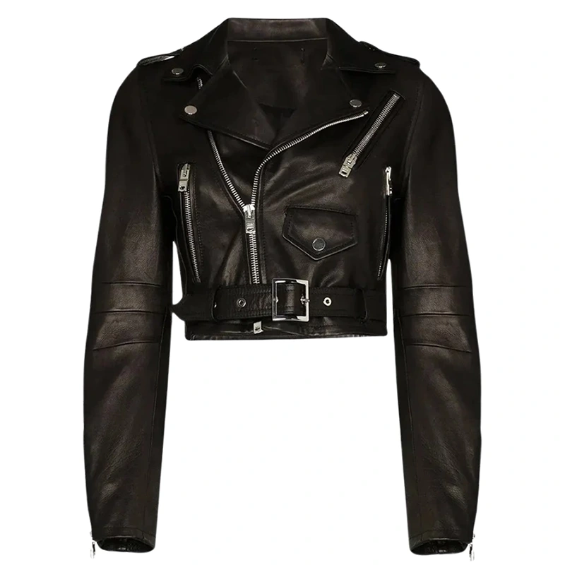 Women's Black Lambskin Biker Cropped Leather Jacket