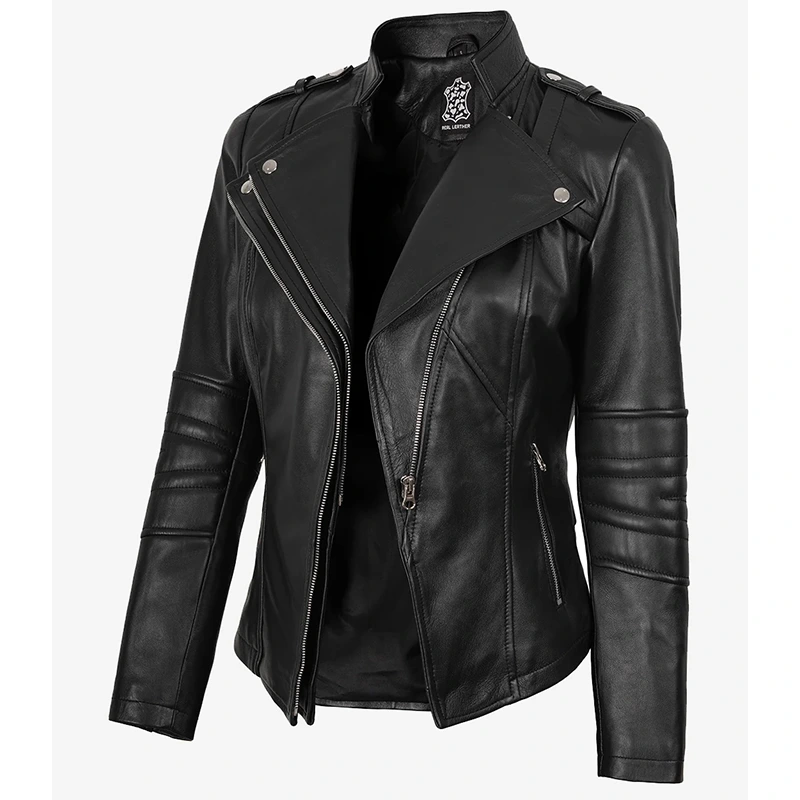 Women's Black Leather Biker Style Jacket - Image 3