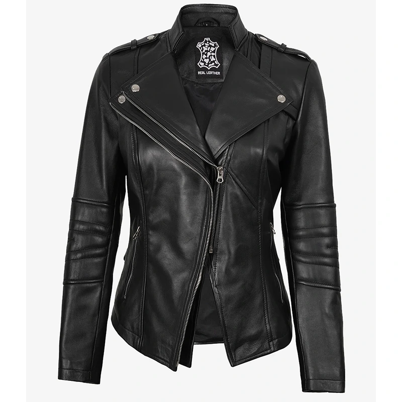 Women's Black Leather Biker Style Jacket - Image 2