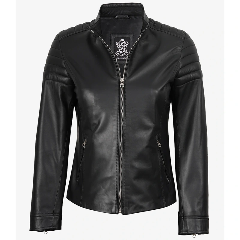 Women's Cafe Racer Black Leather Jacket - Image 3