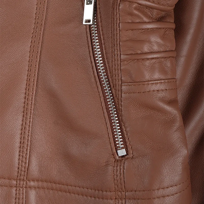 Women's Cognac Brown Leather Jacket With Removable Hood - Image 8