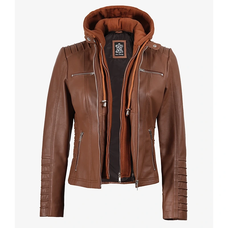 Women's Cognac Brown Leather Jacket With Removable Hood - Image 3