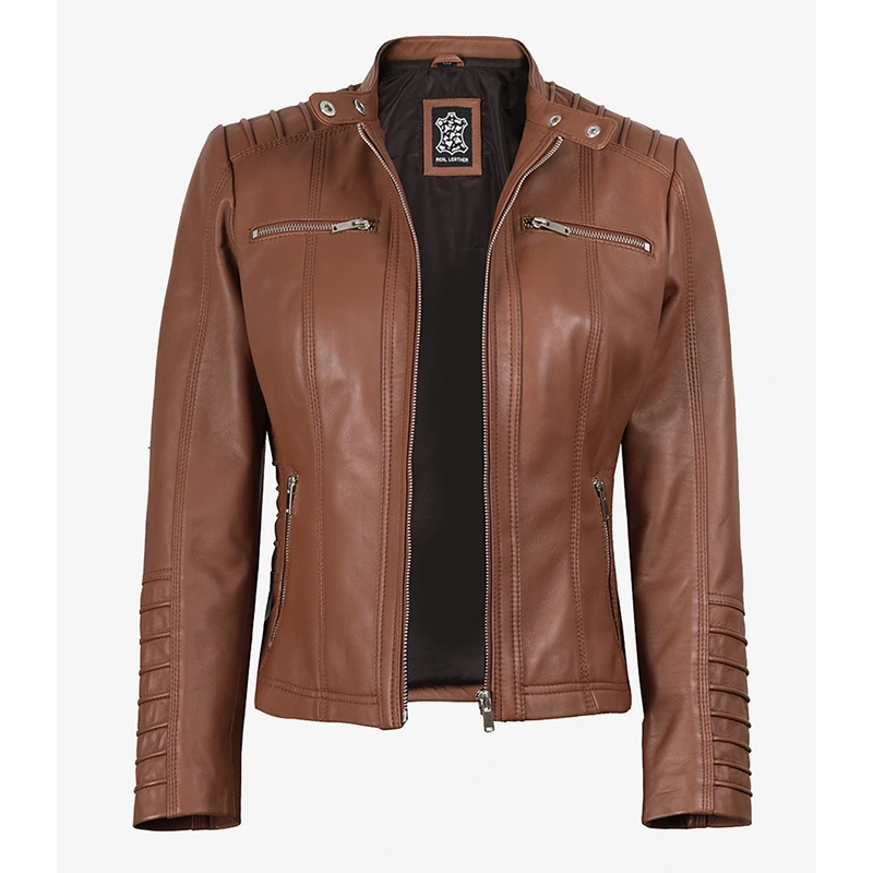 Women's Cognac Brown Leather Jacket With Removable Hood - Image 4