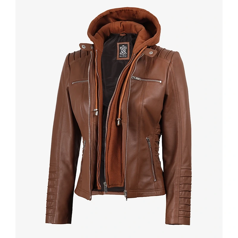 Women's Cognac Brown Leather Jacket With Removable Hood - Image 5