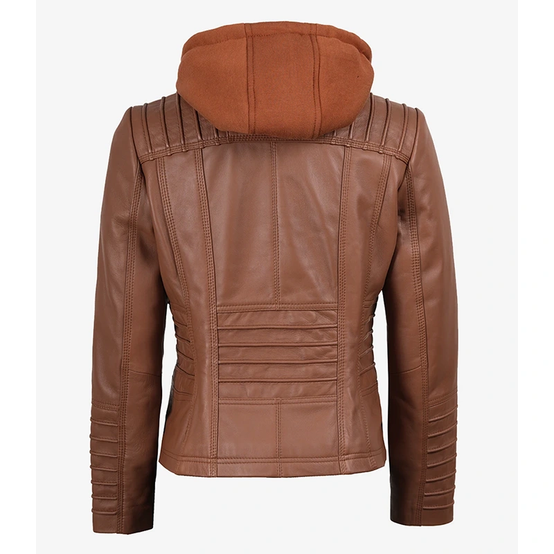 Women's Cognac Brown Leather Jacket With Removable Hood - Image 6