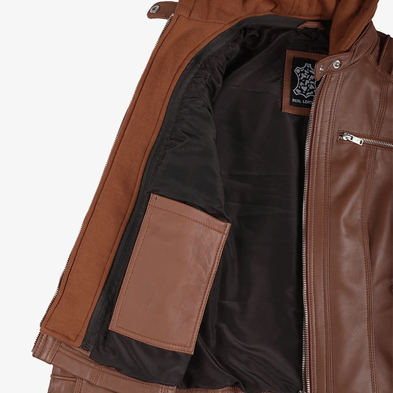 Women's Cognac Brown Leather Jacket With Removable Hood - Image 7