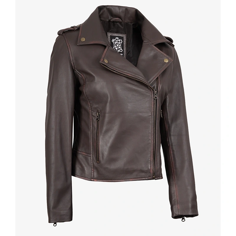 Women's Dark Brown Asymmetrical Leather Biker Jacket - Image 4