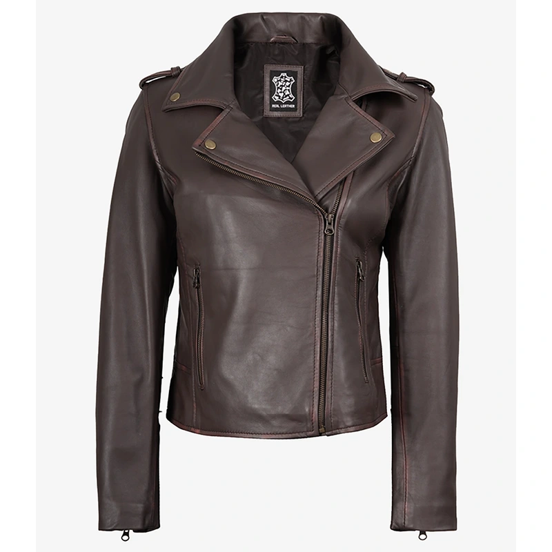 Women's Dark Brown Asymmetrical Leather Biker Jacket - Image 3
