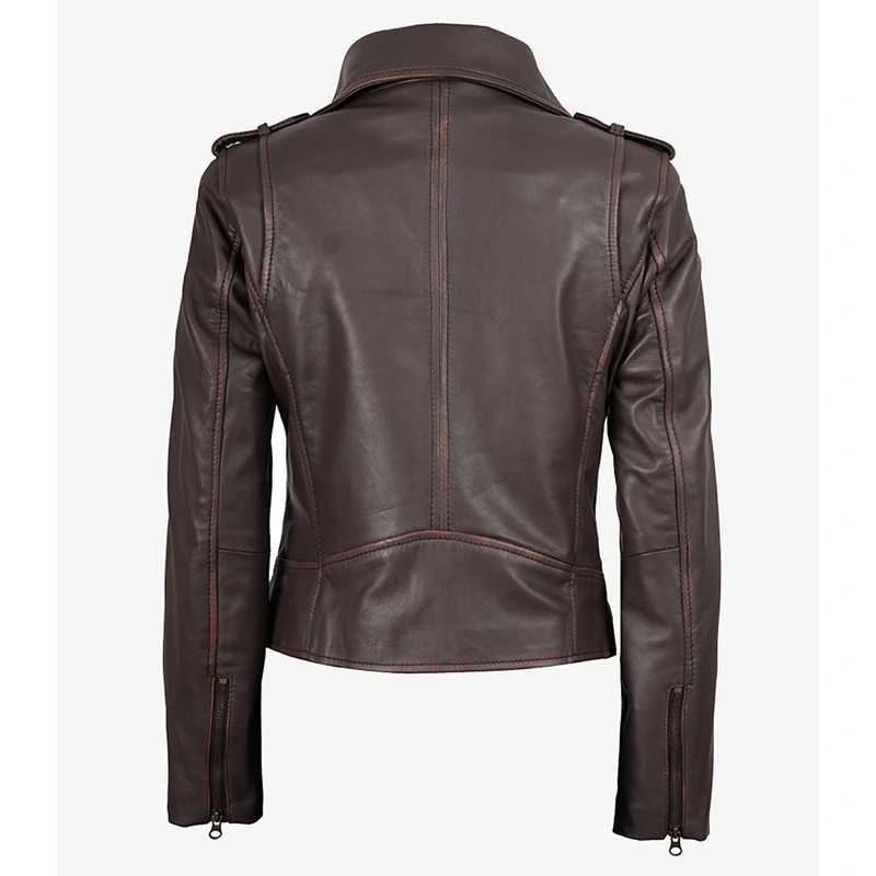 Women's Dark Brown Asymmetrical Leather Biker Jacket - Image 2