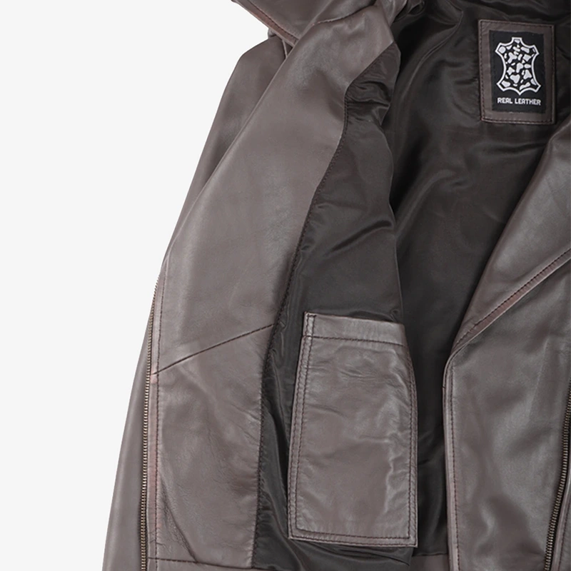 Women's Dark Brown Asymmetrical Leather Biker Jacket - Image 7