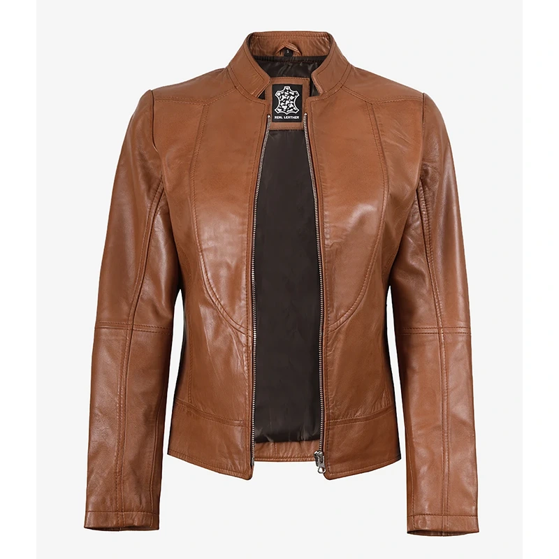 Women's Tan Brown Lambskin Leather Cafe Racer Jacket - Image 2
