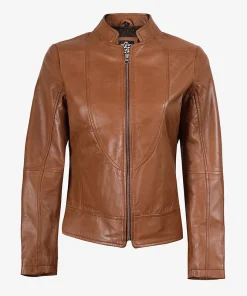 Women's Tan Brown Lambskin Leather Cafe Racer Jacket