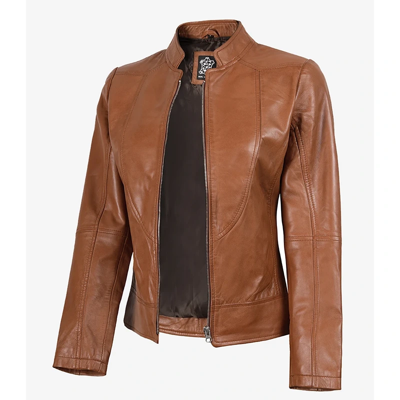 Women's Tan Brown Lambskin Leather Cafe Racer Jacket - Image 3