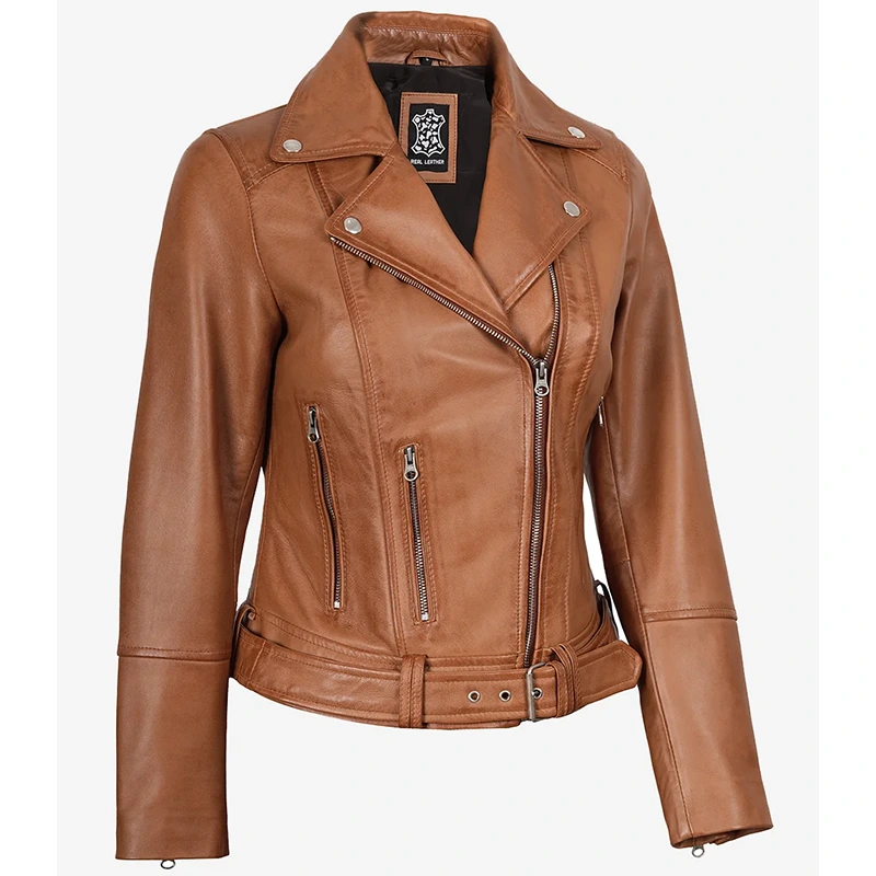 Women's Tan Leather Biker Jacket - Image 4