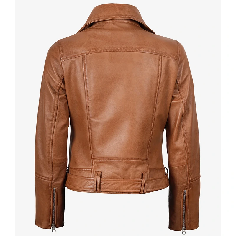 Women's Tan Leather Biker Jacket - Image 2