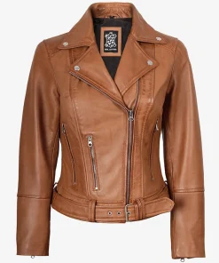 Women's Tan Leather Biker Jacket