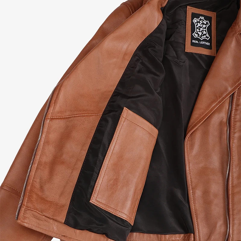 Women's Tan Leather Biker Jacket - Image 5