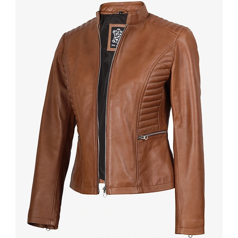 Women's Tan Wax Lambskin Leather Jacket - Image 2