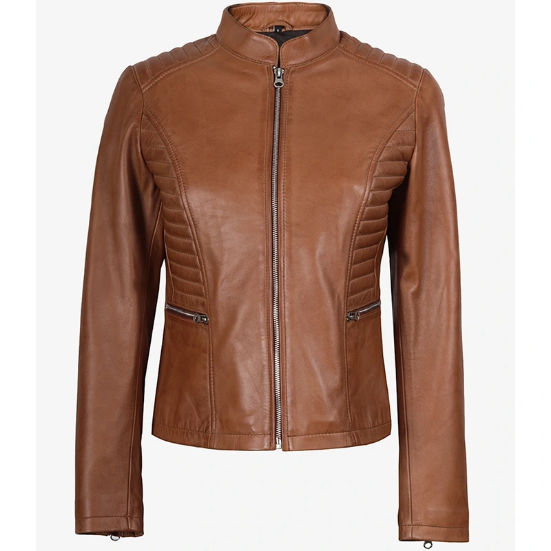 Women's Tan Wax Lambskin Leather Jacket - Image 3