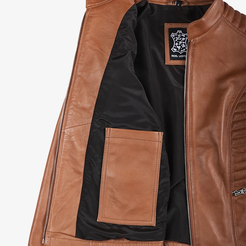 Women's Tan Wax Lambskin Leather Jacket - Image 5