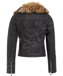 Women's Fur-Lined Collar Black Biker Leather Jacket