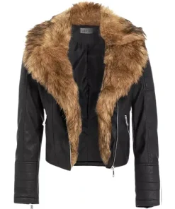 Fur-Lined Collar Black Biker Leather Jacket