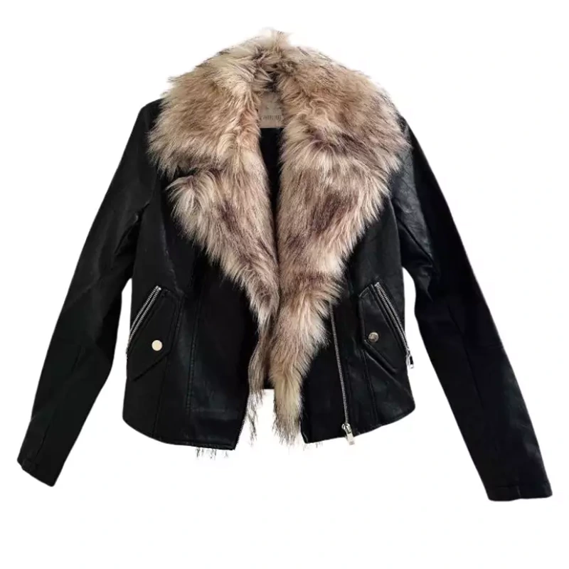 Leather Sheepskin Black Real Fox Brown Fur Collar Jacket