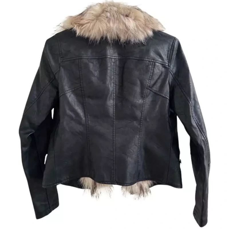 Women's Leather Sheepskin Black Real Fox Brown Fur Collar Jacket
