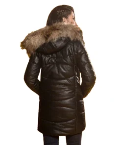 Women's Puffer Hooded Black Leather Jacket
